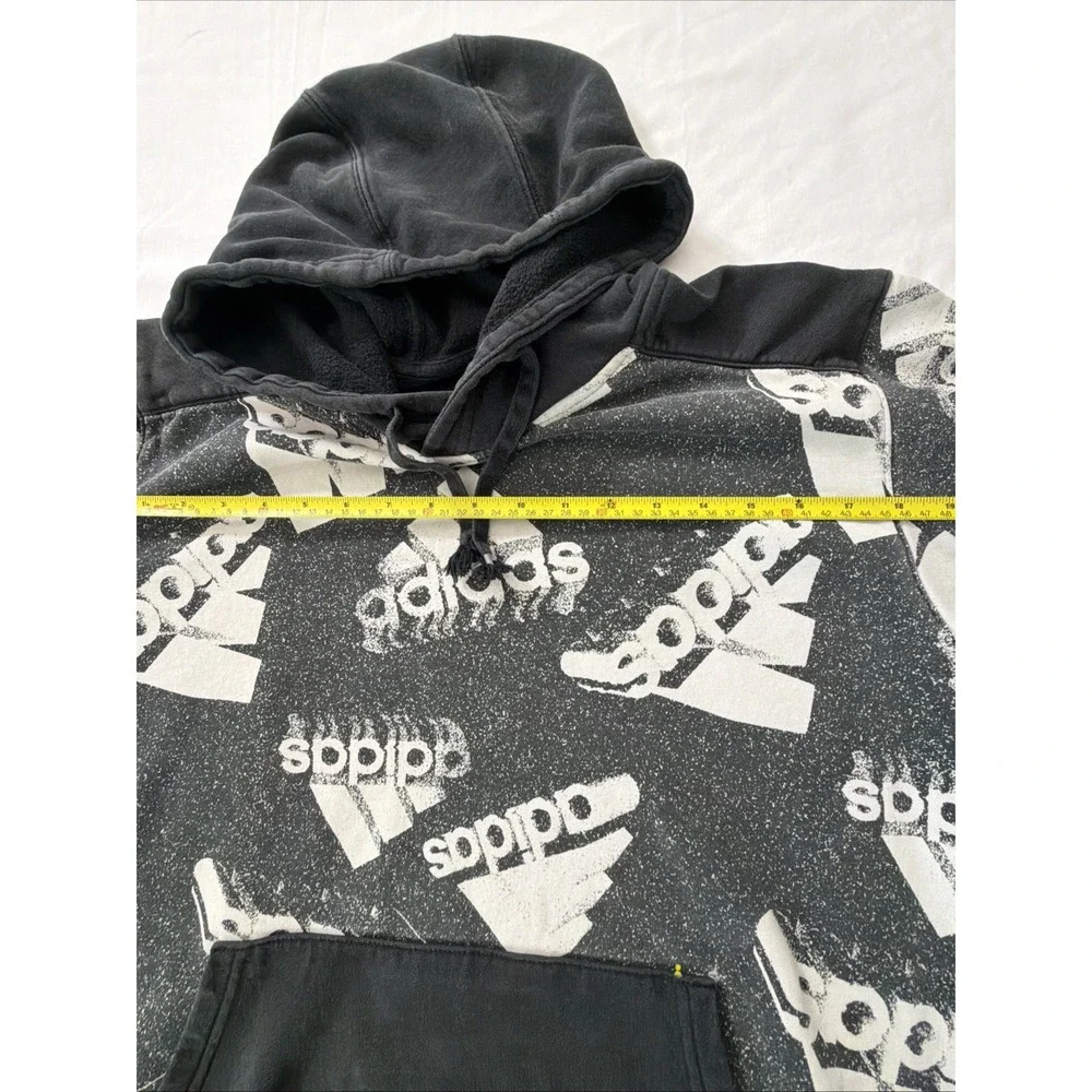 Adidas Mens All Over Logo Print Hoodie Black White Distressed Graphic Sweatshirt